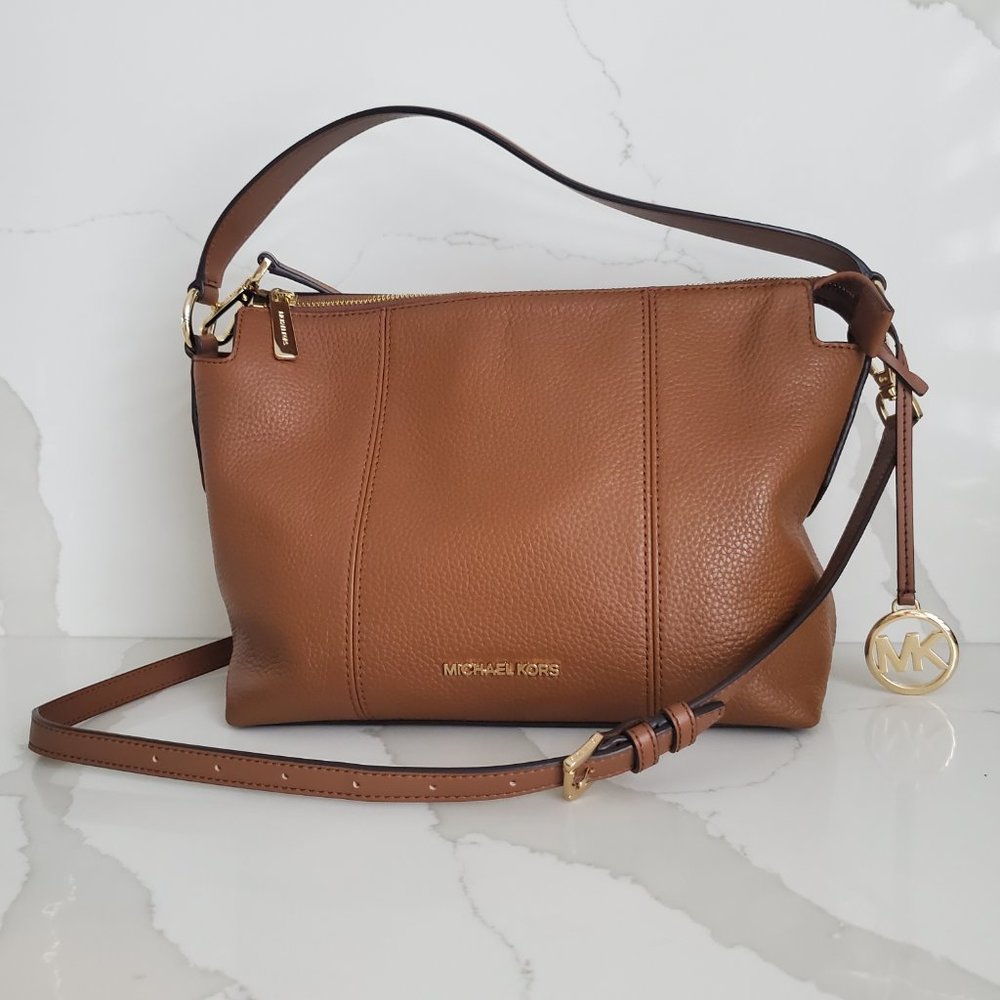 NWOT MICHAEL KORS BROOKE Satchel Handbag Tan Pebbled Leather Medium Shoulder Bag - Picture 2 of 11